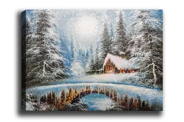Lerretsbilde - Vinterlandskap med hytte og snødekte trær - Blå / Hvit / Brun - Interiør - Maleri & posters - Lerretsbilder