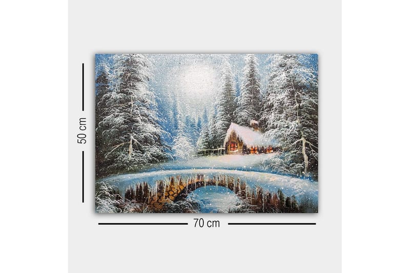 Lerretsbilde - Vinterlandskap med hytte og snødekte trær - Hvit / Blå / Brun - Interiør - Maleri & posters - Lerretsbilder