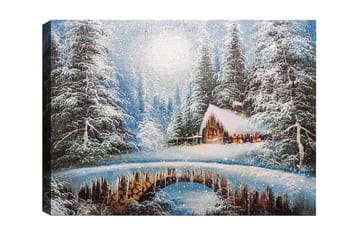 Lerretsbilde - Vinterlandskap med hytte og snødekte trær - Hvit / Blå / Brun - Interiør - Maleri & posters - Lerretsbilder