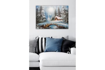 Lerretsbilde - Vinterlandskap med hytte og snødekte trær - Hvit / Blå / Brun - Interiør - Maleri & posters - Lerretsbilder