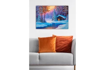 Lerretsbilde - Vinterlandskap med hytte omgitt av snødekte trær - Blå / Hvit / Lilla - Interiør - Maleri & posters - Lerretsbilder