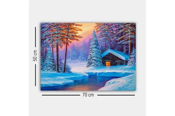 Lerretsbilde - Vinterlandskap med hytte omgitt av snødekte trær - Blå / Hvit / Lilla - Interiør - Maleri & posters - Lerretsbilder