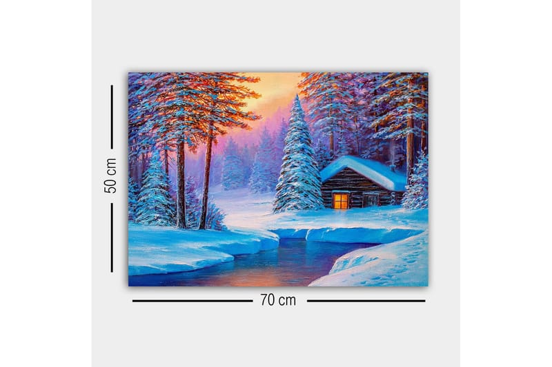 Lerretsbilde - Vinterlandskap med hytte omgitt av snødekte trær - Blå / Hvit / Lilla - Interiør - Maleri & posters - Lerretsbilder