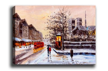 Lerretsbilde - Vinterlandskap med snødekte bygninger og en rød buss - Rød / Grå / Hvit - Interiør - Maleri & posters - Lerretsbilder