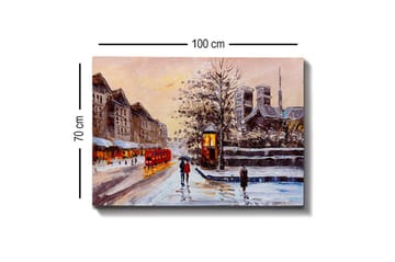 Lerretsbilde - Vinterlandskap med snødekte bygninger og en rød buss - Rød / Grå / Hvit - Interiør - Maleri & posters - Lerretsbilder