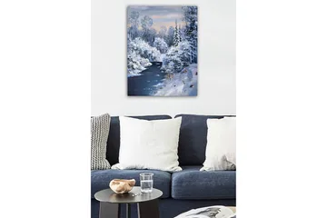 Lerretsbilde - Vinterlandskap med snødekte trær og en frossen elv - Hvit / Blå / Grå - Interiør - Maleri & posters - Lerretsbilder