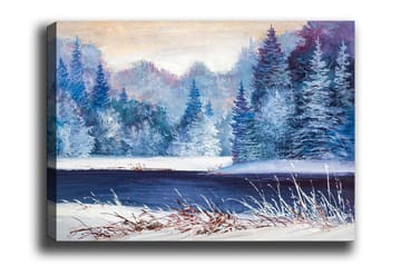 Lerretsbilde - Vinterlandskap med snødekte trær og en frossen innsjø - Blå / Hvit / Lilla - Interiør - Maleri & posters - Lerretsbilder