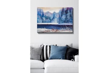 Lerretsbilde - Vinterlandskap med snødekte trær og en frossen innsjø - Blå / Hvit / Lilla - Interiør - Maleri & posters - Lerretsbilder