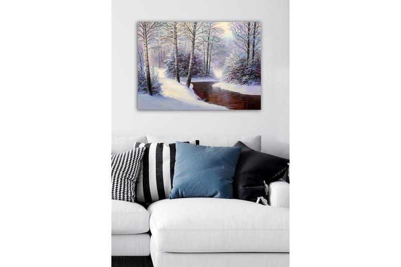 Lerretsbilde - Vinterlandskap med snødekte trær og en stille bekk - Hvit / Blå / Brun - Interiør - Maleri & posters - Lerretsbilder