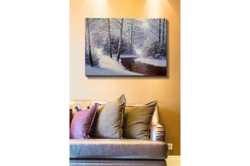Lerretsbilde - Vinterlandskap med snødekte trær og en stille bekk - Hvit / Blå / Brun - Interiør - Maleri & posters - Lerretsbilder