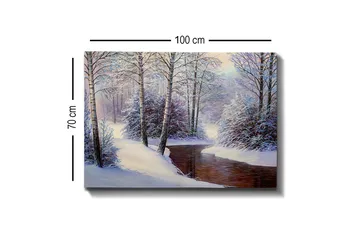 Lerretsbilde - Vinterlandskap med snødekte trær og en stille bekk - Hvit / Blå / Brun - Interiør - Maleri & posters - Lerretsbilder