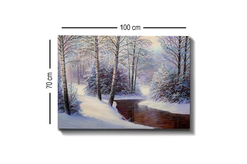 Lerretsbilde - Vinterlandskap med snødekte trær og en stille bekk - Hvit / Blå / Brun - Interiør - Maleri & posters - Lerretsbilder