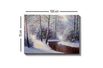 Lerretsbilde - Vinterlandskap med snødekte trær og en stille bekk - Hvit / Blå / Brun - Interiør - Maleri & posters - Lerretsbilder