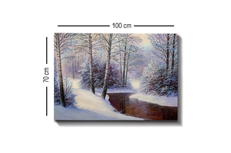 Lerretsbilde - Vinterlandskap med snødekte trær og en stille bekk - Hvit / Blå / Brun - Interiør - Maleri & posters - Lerretsbilder
