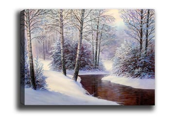 Lerretsbilde - Vinterlandskap med snødekte trær og en stille bekk - Hvit / Blå / Brun - Interiør - Maleri & posters - Lerretsbilder