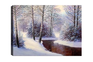Lerretsbilde - Vinterlandskap med snødekte trær og en stille bekk - Hvit / Blå / Brun - Interiør - Maleri & posters - Lerretsbilder