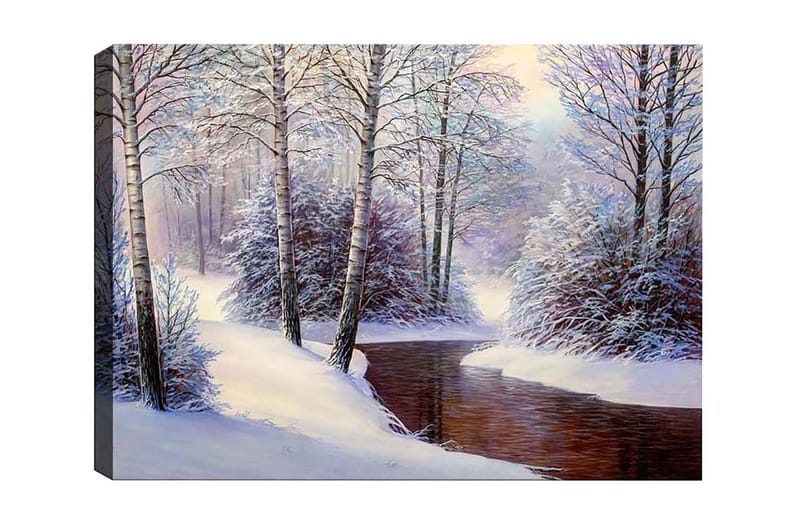 Lerretsbilde - Vinterlandskap med snødekte trær og en stille bekk, Hvit / Blå / Brun