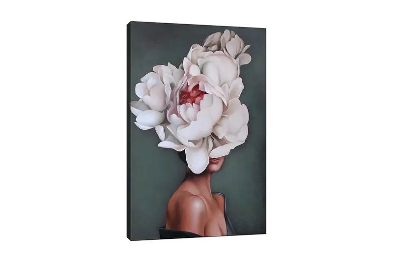 Lerretsbilde - Portrett av en kvinne med en stor krans av hvite peoner som dekker hodet - Hvit / Mørkegrønn / Rosa - Interiør - Maleri & posters - Lerretsbilder