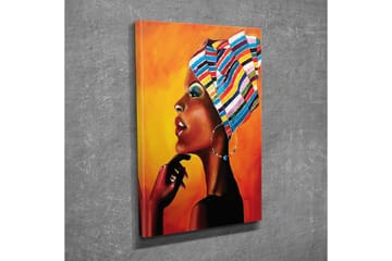 Lerretsbilde - Portrett av en kvinne med fargerikt hodeskjerf og sterkt uttrykk - Oransje / Svart / Blå - Interiør - Maleri & posters - Lerretsbilder