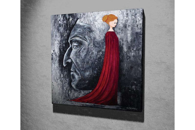 Lerretsbilde - Portrett av en kvinne i en rød kjole med en stor ansiktsprofil i grått i bakgrunnen - Rød / Grå / Svart - Interiør - Maleri & posters - Lerretsbilder