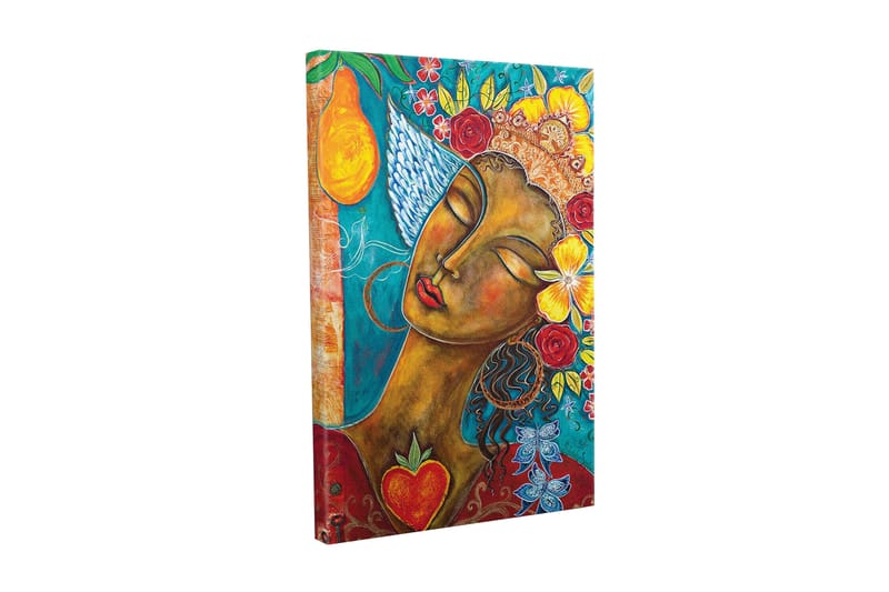 Lerretsbilde - Portrett av en kvinne med blomster og frukt i håret, Turkis / Brun / Rød