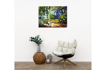 Lerretsbilde - Parkbenk omgitt av frodige trær og lys i et fargerikt miljø - Grønn / Gul / Blå - Interiør - Maleri & posters - Lerretsbilder