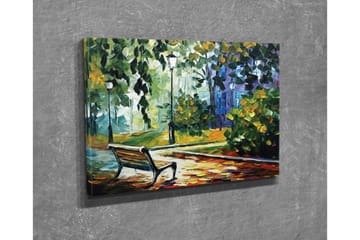 Lerretsbilde - Parkbenk omgitt av frodige trær og lys i et fargerikt miljø - Grønn / Gul / Blå - Interiør - Maleri & posters - Lerretsbilder