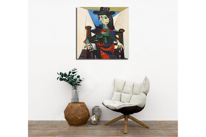 Lerretsbilde - Portrett av kvinne med geometriske former og sterke farger - Grønn / Blå / Oransje - Interiør - Maleri & posters - Lerretsbilder