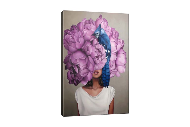 Lerretsbilde - Portrett av en kvinne med en stor bukett rosa blomster som hovedmotiv, Rosa / Blå / Beige