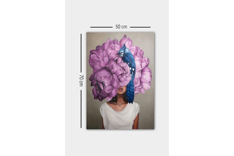 Lerretsbilde - Portrett av en kvinne med en stor bukett rosa blomster som hovedmotiv - Rosa / Blå / Beige - Interiør - Maleri & posters - Lerretsbilder