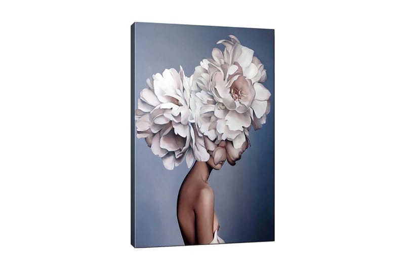 Lerretsbilde - Portrett av en kvinne med en stor blomsterkrans som hodepryd, Hvit / Lys rosa / Beige