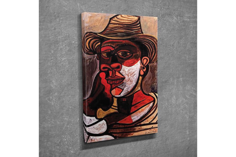 Lerretsbilde - Portrett av en mann med hatt og sterke ansiktstrekk - Rød / Svart / Hvit - Interiør - Maleri & posters - Lerretsbilder