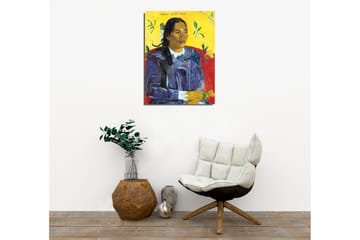 Lerretsbilde - Portrett av en kvinne med blomster i hånden - Mørk blå / Gul / Rød - Interiør - Maleri & posters - Lerretsbilder