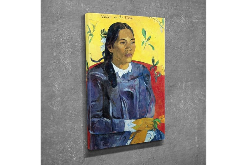 Lerretsbilde - Portrett av en kvinne med blomster i hånden - Mørk blå / Gul / Rød - Interiør - Maleri & posters - Lerretsbilder