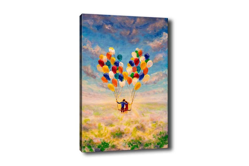 Lerretsbilde - Par med ballonger som svever over en blomstrende eng, Gul / Grønn / Blå