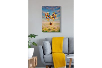 Lerretsbilde - Par med ballonger som svever over en blomstrende eng - Gul / Grønn / Blå - Interiør - Maleri & posters - Lerretsbilder