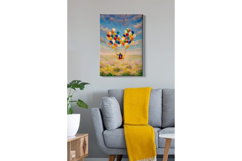 Lerretsbilde - Par med ballonger som svever over en blomstrende eng - Gul / Grønn / Blå - Interiør - Maleri & posters - Lerretsbilder