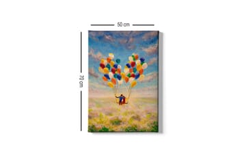 Lerretsbilde - Par med ballonger som svever over en blomstrende eng - Gul / Grønn / Blå - Interiør - Maleri & posters - Lerretsbilder
