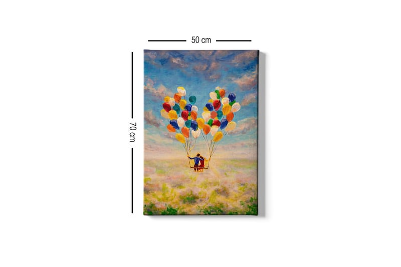 Lerretsbilde - Par med ballonger som svever over en blomstrende eng - Gul / Grønn / Blå - Interiør - Maleri & posters - Lerretsbilder
