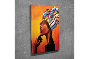 Lerretsbilde - Portrett av en kvinne med fargerikt hodeskjerf og sterkt uttrykk - Oransje / Svart / Blå - Interiør - Maleri & posters - Lerretsbilder