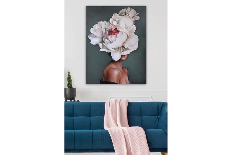 Lerretsbilde - Portrett av en kvinne med en stor krans av hvite peoner som dekker hodet - Hvit / Mørkegrønn / Rosa - Interiør - Maleri & posters - Lerretsbilder