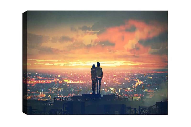 Lerretsbilde - Par som står sammen og ser på en solnedgang over en by, Oransje / Blå / Grå