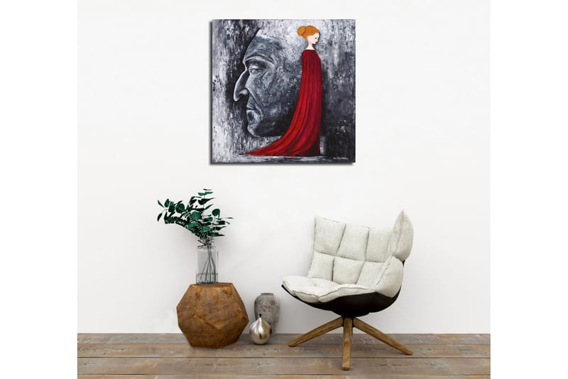 Lerretsbilde - Portrett av en kvinne i en rød kjole med en stor ansiktsprofil i grått i bakgrunnen - Rød / Grå / Svart - Interiør - Maleri & posters - Lerretsbilder