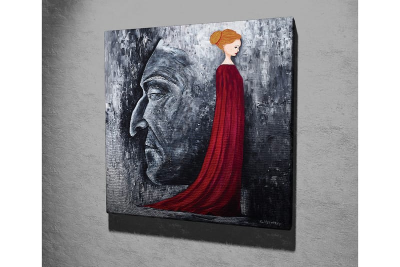 Lerretsbilde - Portrett av en kvinne i en rød kjole med en stor ansiktsprofil i grått i bakgrunnen - Rød / Grå / Svart - Interiør - Maleri & posters - Lerretsbilder