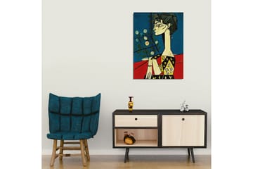 Lerretsbilde - Portrett av en kvinne med stiliserte ansiktstrekk og blomster i bakgrunnen - Blå / Rød / Svart - Interiør - Maleri & posters - Lerretsbilder