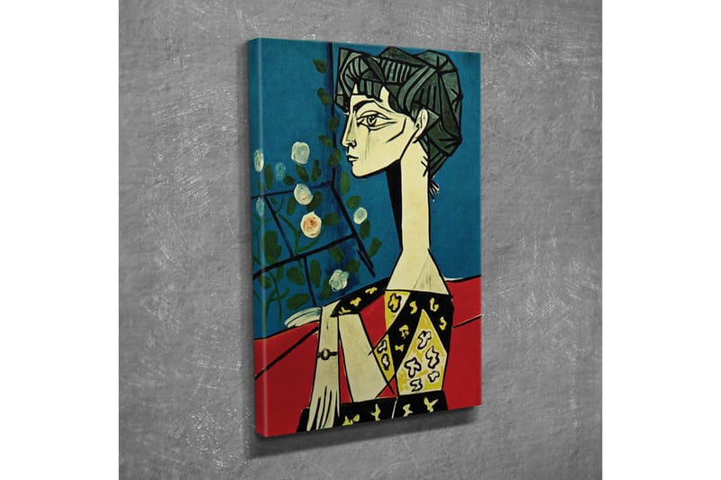 Lerretsbilde - Portrett av en kvinne med stiliserte ansiktstrekk og blomster i bakgrunnen - Blå / Rød / Svart - Interiør - Maleri & posters - Lerretsbilder