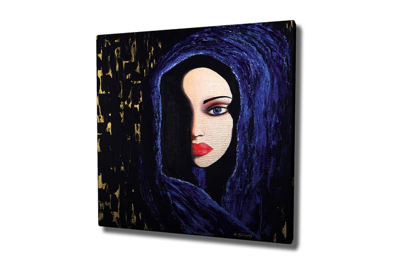 Lerretsbilde - Portrett av en kvinne med et mystisk blikk i en mørk hette, Mørk blå / Svart / Rød