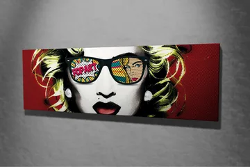 Lerretsbilde - Portrett av en kvinne med solbriller og popkunstmotiver i refleksjonene - Rød / Svart / Gul - Interiør - Maleri & posters - Lerretsbilder