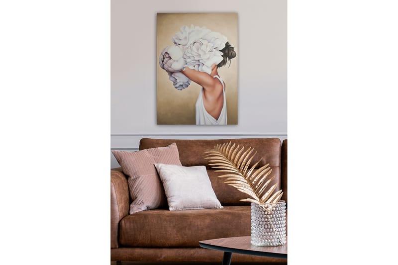 Lerretsbilde - Portrett av en kvinne med store, hvite blomster som dekker ansiktet hennes - Hvit / Beige / Hudfarge - Interiør - Maleri & posters - Lerretsbilder