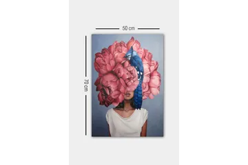 Lerretsbilde - Portrett av en kvinne med en stor bukett rosa blomster som hode og en blå fugl som sitter på blomstene - Rosa / Blå / Beige - Interiør - Maleri & posters - Lerretsbilder